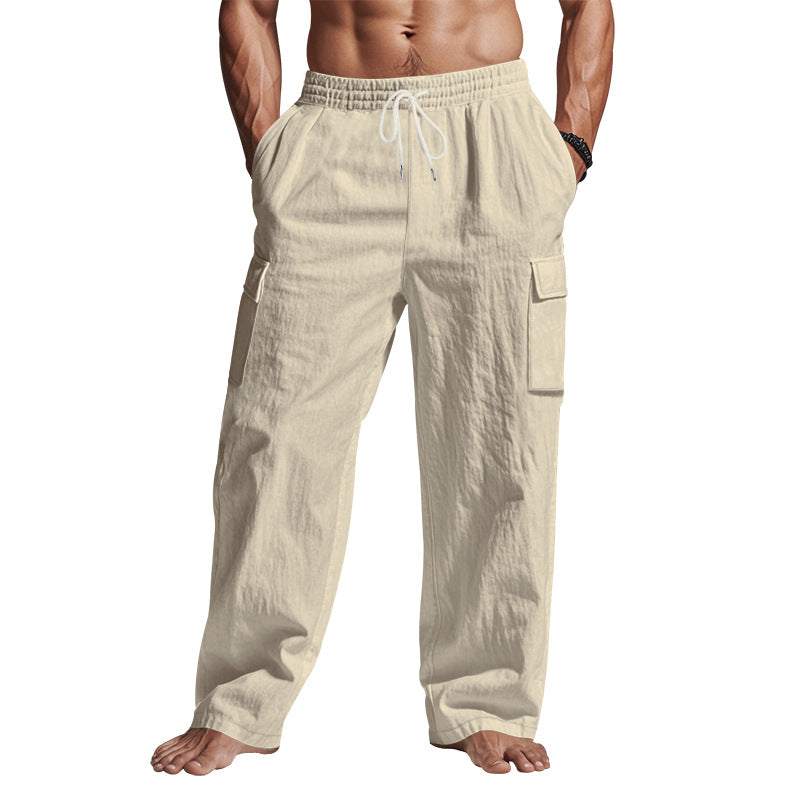 Men's loose linen cargo pants with elastic drawstring waistband and patch flap pockets Mune Fashion