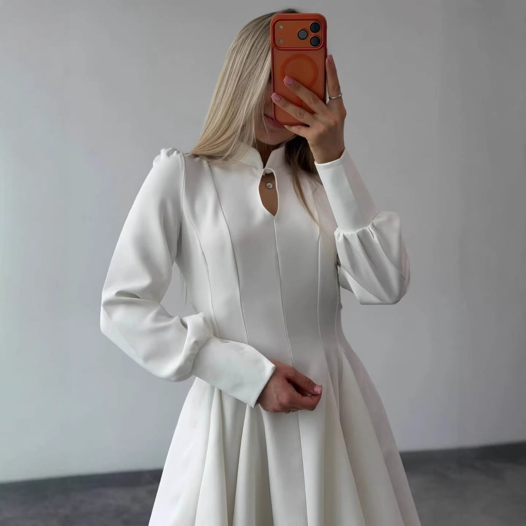 Women A-Line Mini Dress with Stand Collar, Slit Detail and Balloon Sleeves Mune Fashion