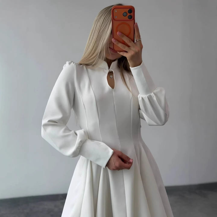 Women A-Line Mini Dress with Stand Collar, Slit Detail and Balloon Sleeves Mune Fashion