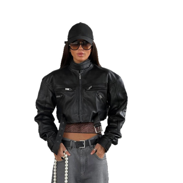 Women Cropped Boxy Biker Jacket made of vegan leather with high standing collar, zippered pockets & buckle detail Mune Fashion