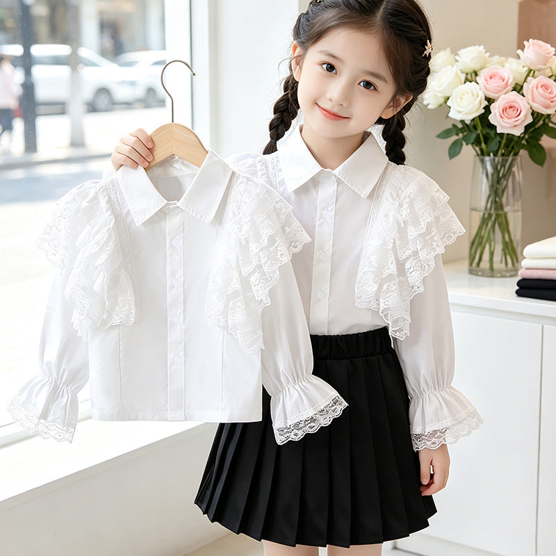 Girls blouse with airy lace trim and ruffle details Mune Fashion