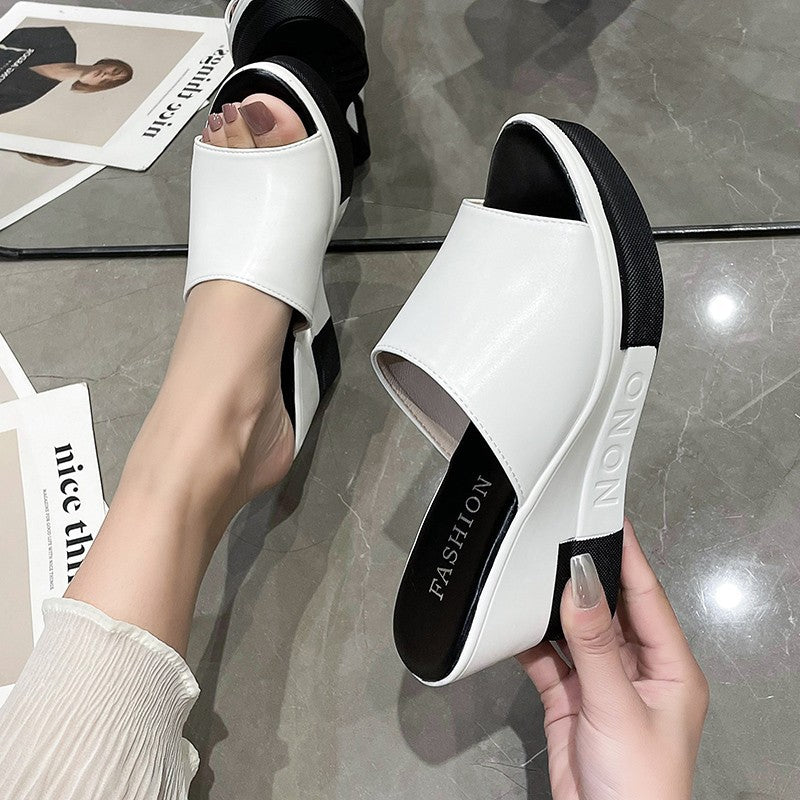 Women's slip-on sandals made of synthetic leather finish with open toe area, ergonomic wedge heel, and padded comfort footbed Mune Fashion