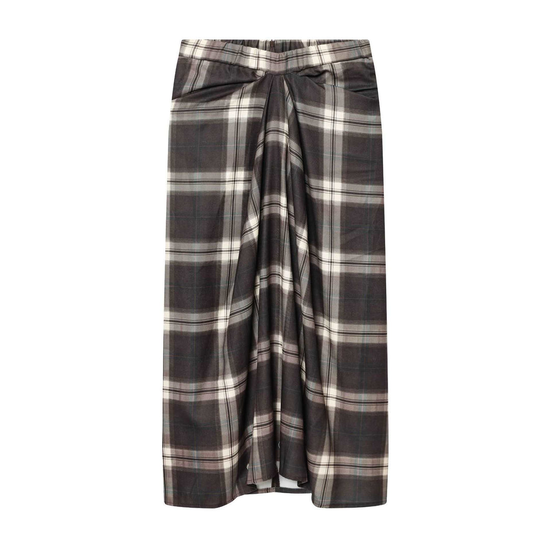 Women's midi skirt with check pattern and decorative front draping Mune Fashion
