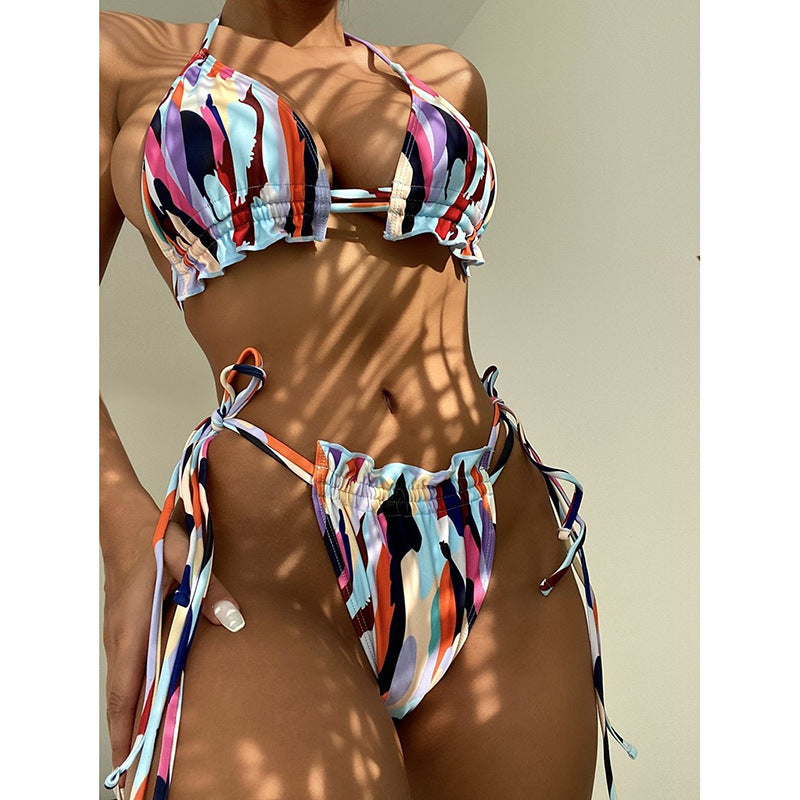Women Triangle Bikini with Double Ruffle Design and Adjustable Tie Band Mune Fashion