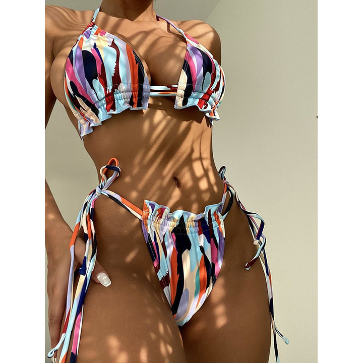 Women Triangle Bikini with Double Ruffle Design and Adjustable Tie Band Mune Fashion