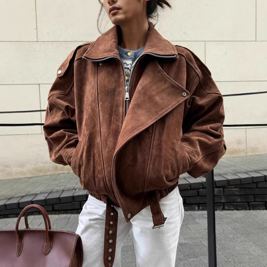 Women's Oversized Suede Blouson with Asymmetrical Zipper and Waistbelt Mune Fashion