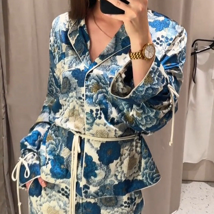Women Two-Piece Floral Jacquard Loungewear Set with Waist Belt, Piping and Tied Sleeves Mune Fashion