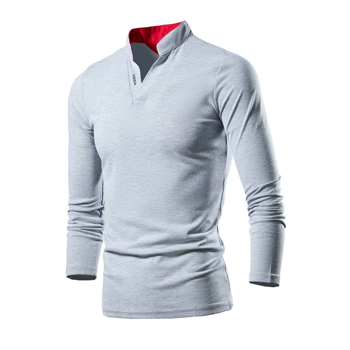 Men's Slim-Fit Long Sleeve Shirt with Stand Collar, Open V-Neck and Functional Stretch Material Mune Fashion