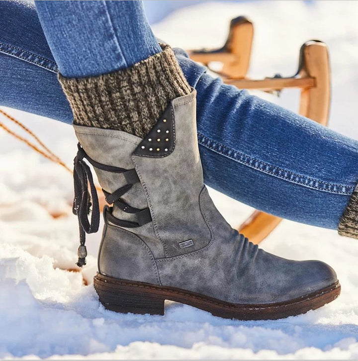 Women's Winter Short Shaft Ankle Boot with Knit Cuff, Decorative Cord and Suede Look Mune Fashion