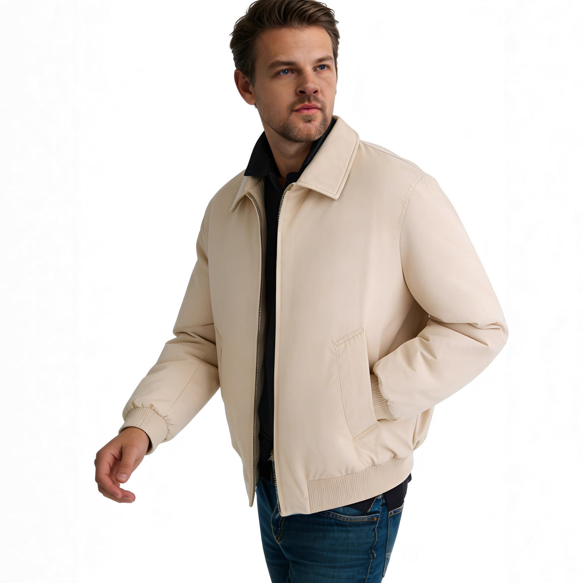 Men's short-cut minimalist bomber jacket with concealed two-way zipper and shirt collar Mune Fashion