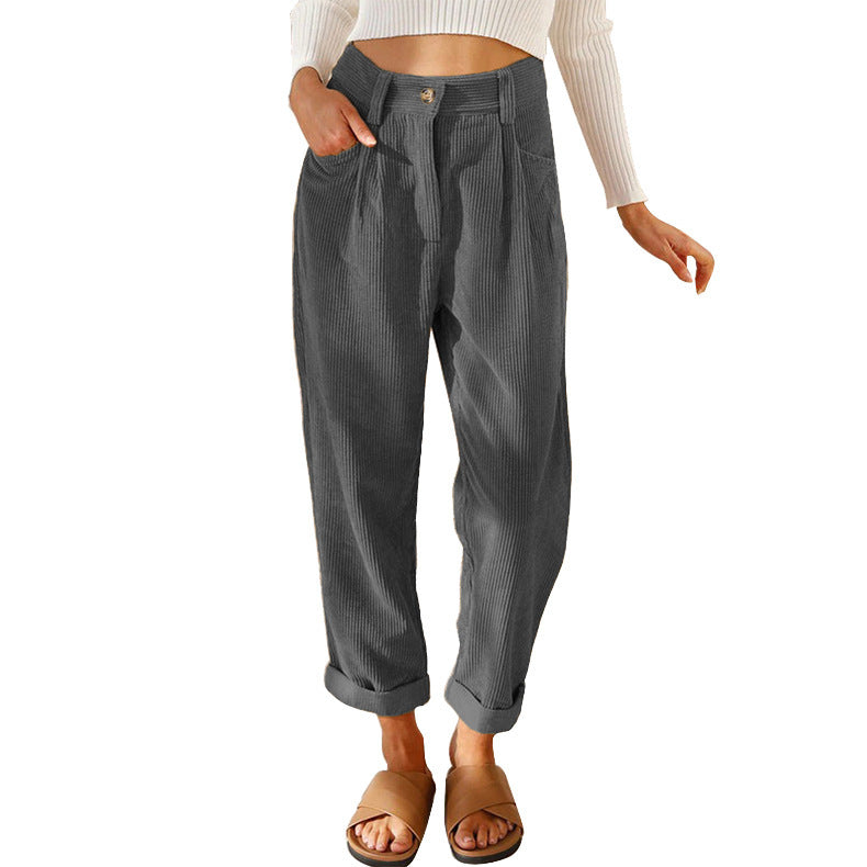 Women's Casual Corduroy Pants with High Waist, Loose Tapered Fit, and Cuffed Hem Mune Fashion