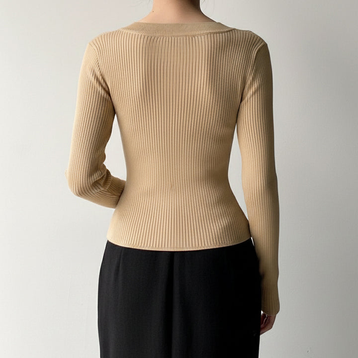 Women Fitted Ribbed Long Sleeve Shirt with Deep U-Neck Mune Fashion