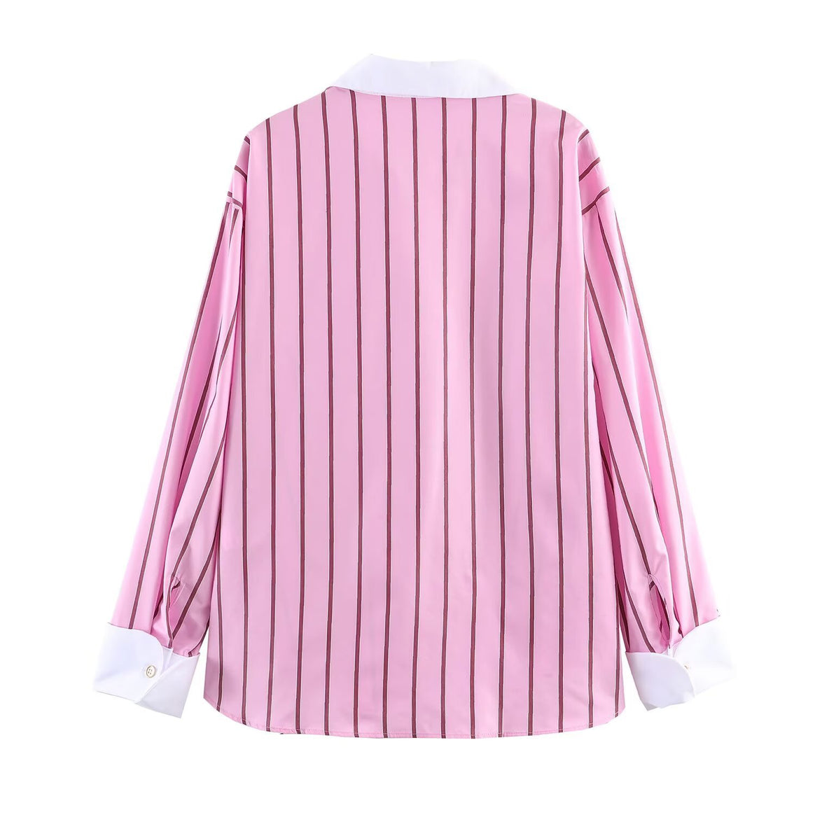 Women's Oversized Shirt Blouse with Contrast Collar, Cuffs and Vertical Stripe Pattern Mune Fashion
