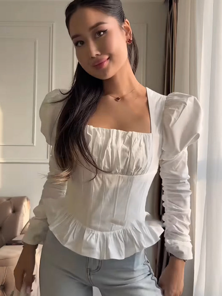Women Corset-Top with Waist Contour, Puff Sleeves and Square Neckline Mune Fashion