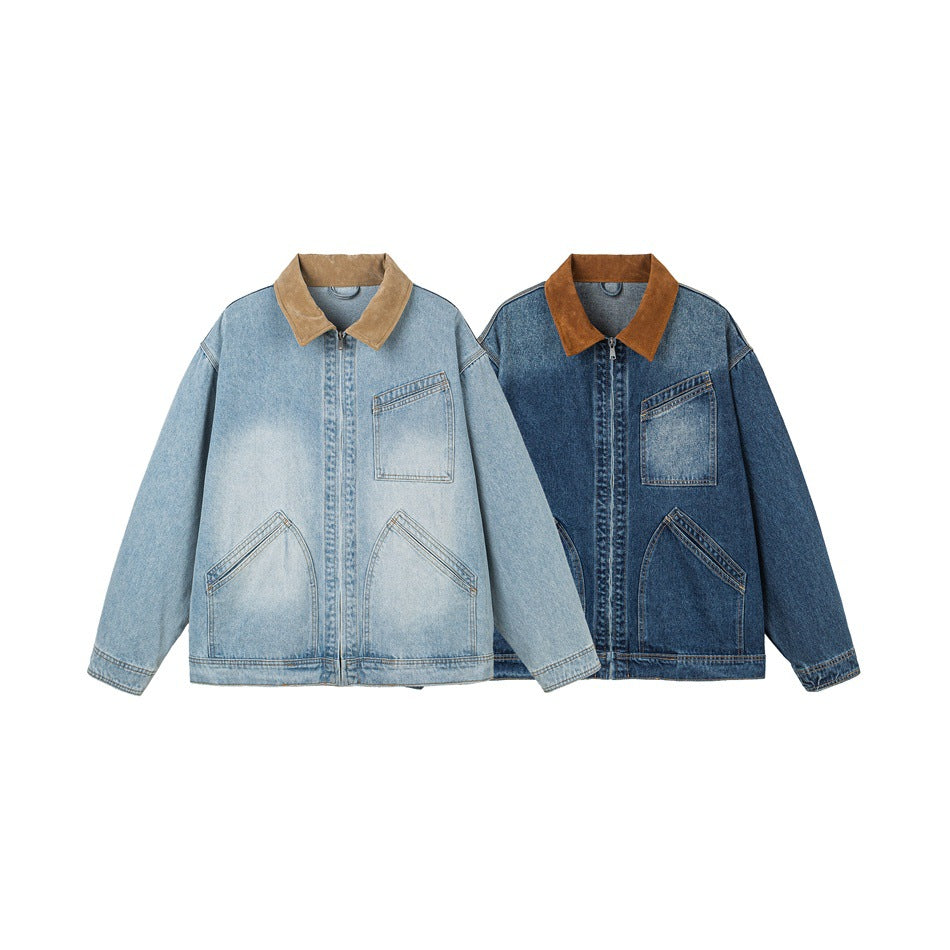 Men's Relaxed Denim Jacket with Contrast Corduroy Collar and Slanted Chest Pocket Mune Fashion