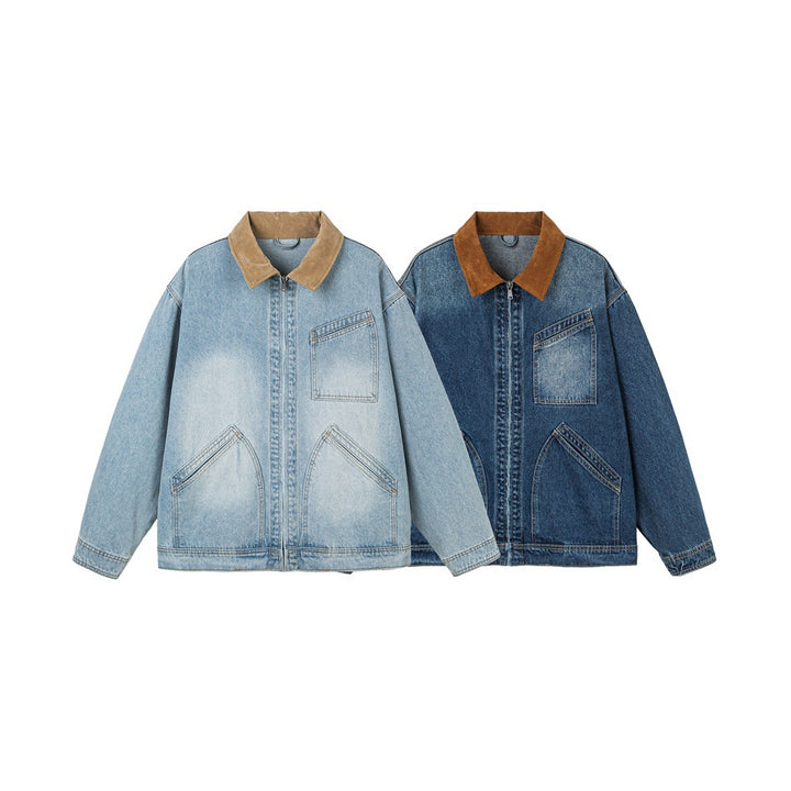 Men's Relaxed Denim Jacket with Contrast Corduroy Collar and Slanted Chest Pocket Mune Fashion