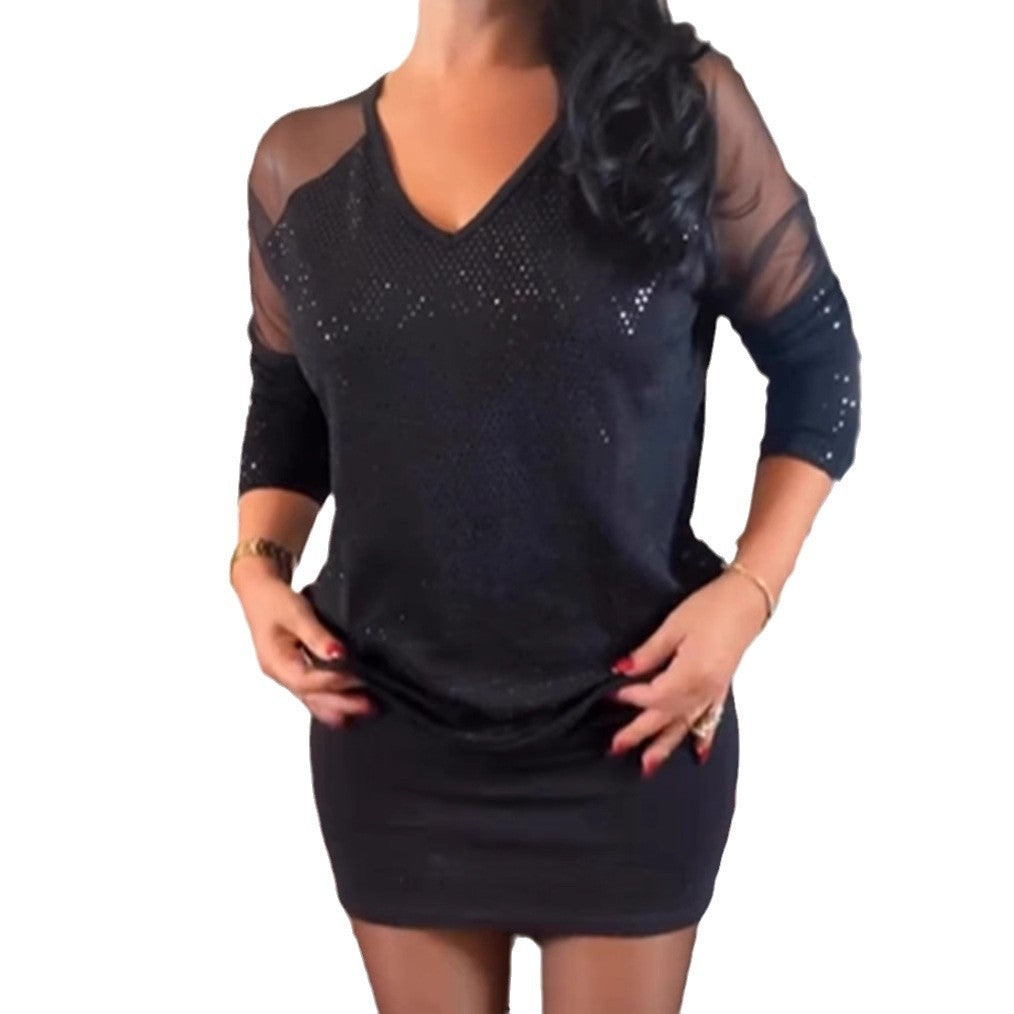 Women's V-neck mini dress with transparent mesh sleeves and glitter details Mune Fashion