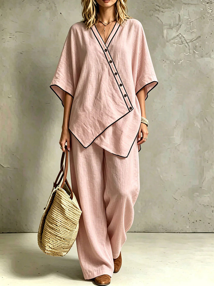 Women's Asymmetric Tunic Loungewear Set with Diagonal Button Placket and Wide Palazzo Pants Drune