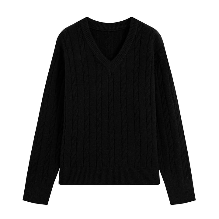 Women's Oversize Cable Knit Sweater with V-Neck and Wide Ribbed Cuff Mune Fashion