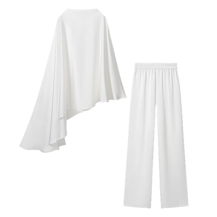 Women Two-Piece Ensemble made of flowing cape with asymmetrical hem and high-waisted wide-leg pants Mune Fashion