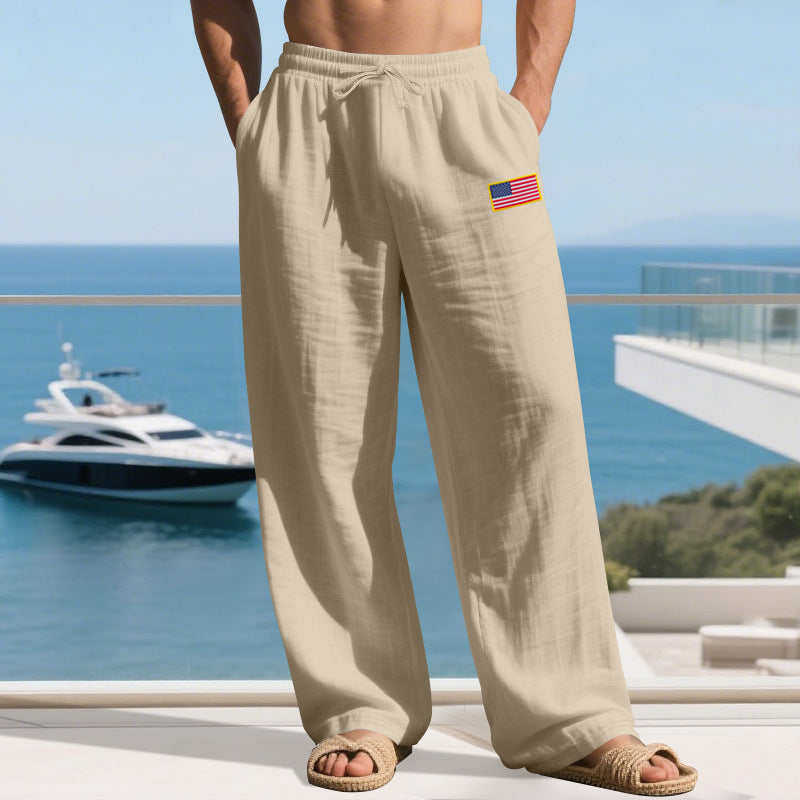 Men's Maritime Relaxed-Fit Linen-Look Casual Pants with Drawstring & Flag Patch Mune Fashion