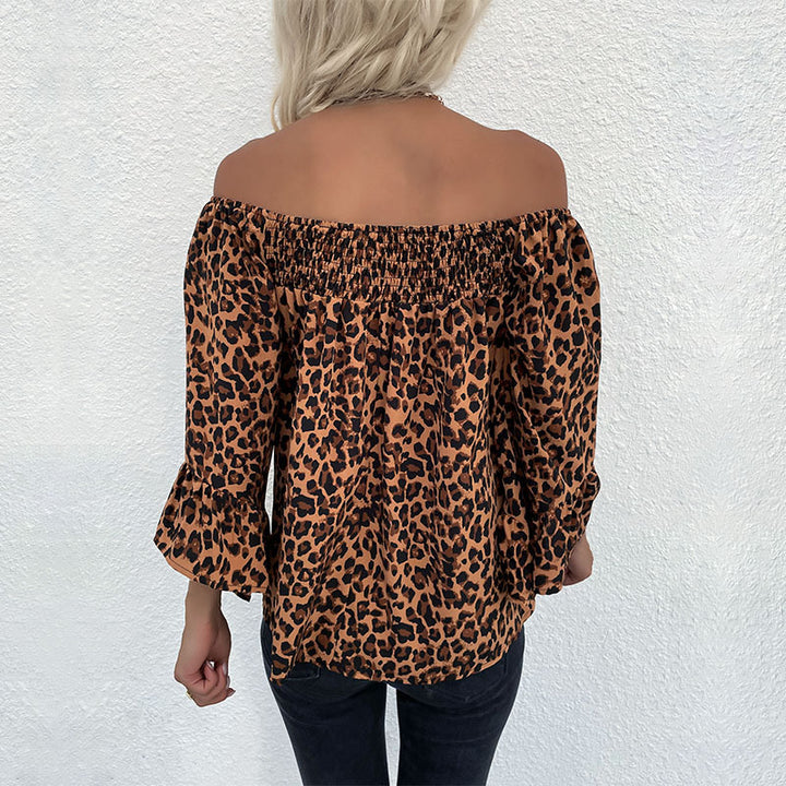 Women's Carmen blouse with smocked cuffs, off-the-shoulder neckline, and leopard print Mune Fashion
