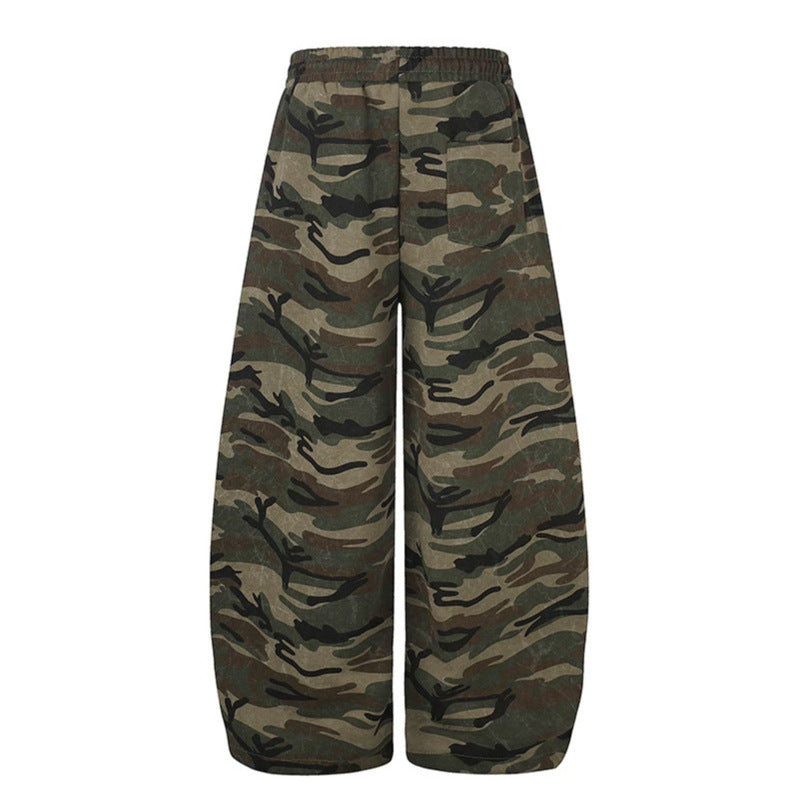 Women Extra Wide Camouflage Palazzo Pants with Drawstring Waist, Cord Drawstring and Adjustable Hem