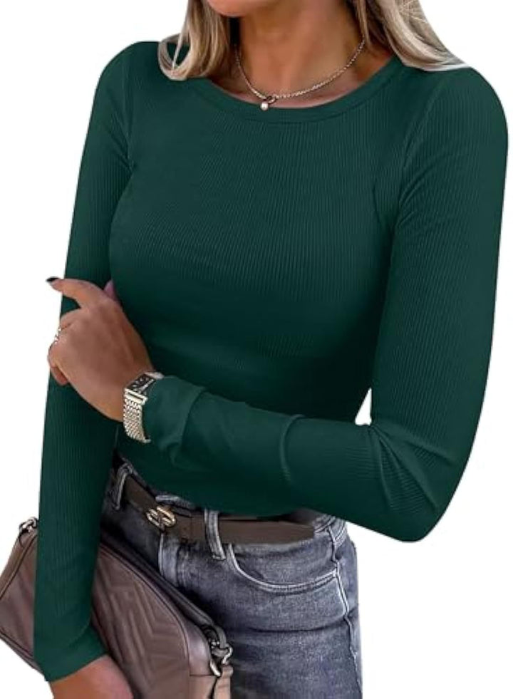 Women's Slim-Fit Ribbed Long Sleeve with Round Neckline and Stretch Cotton Blend Drune