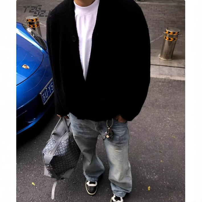Men's chunky knit cardigan in oversized cut with shawl collar and asymmetrical 3-button placket Mune Fashion