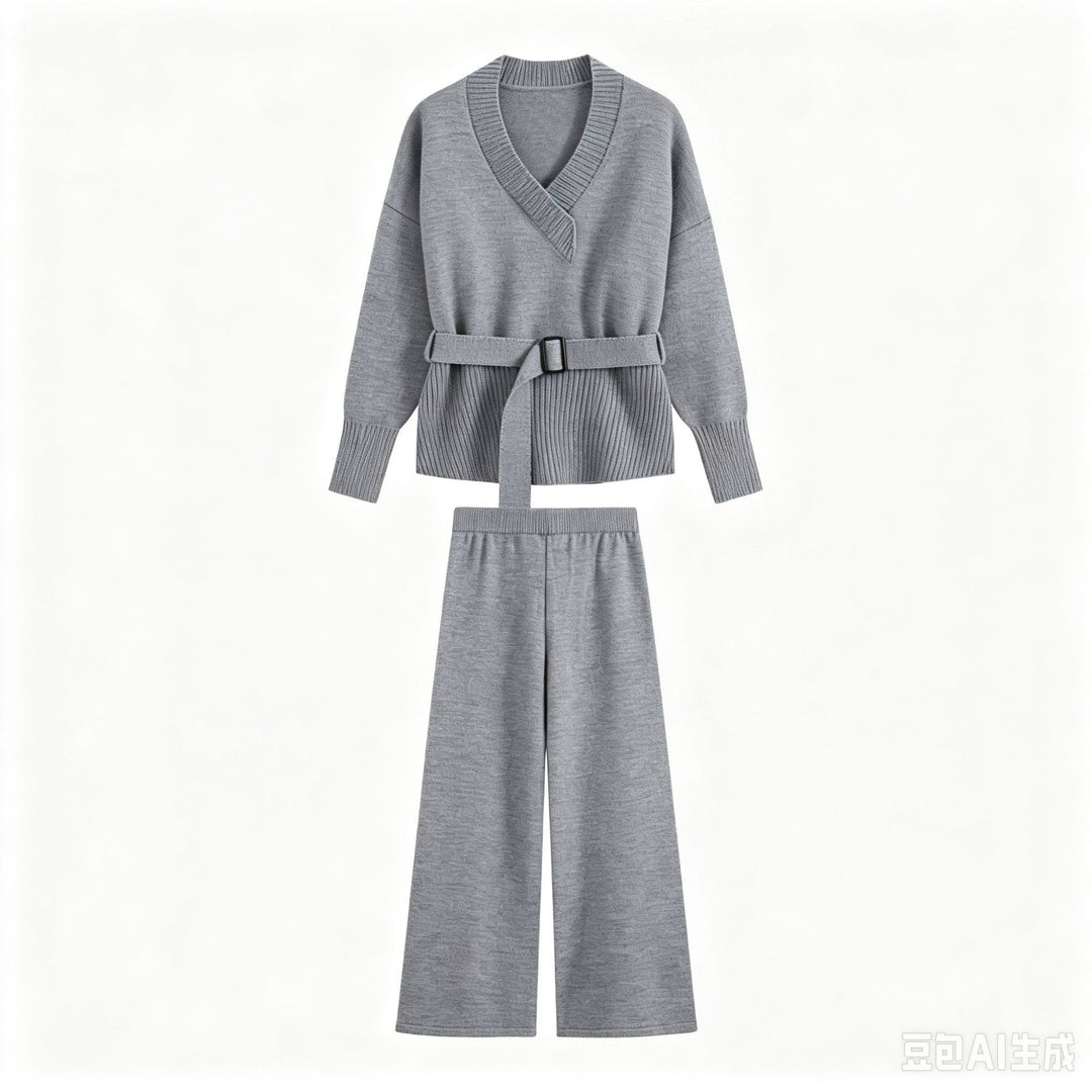 Women's Knit Set with V-Neck, Waist Belt, and Wide Culotte Pants Drune