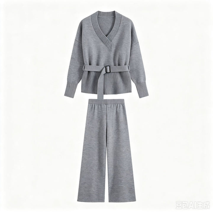 Women's Knit Set with V-Neck, Waist Belt, and Wide Culotte Pants Drune