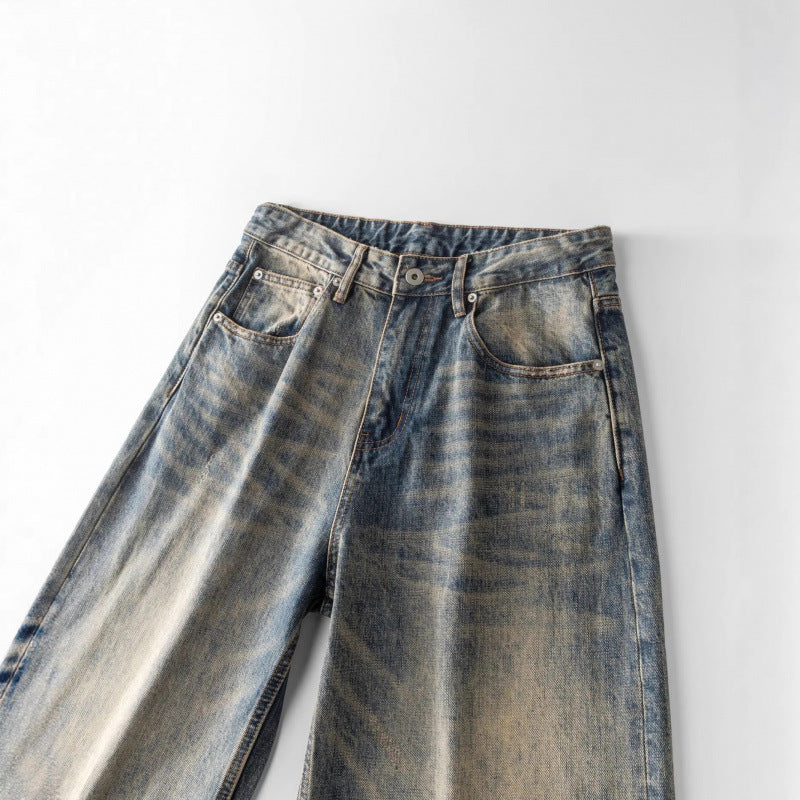 Men's Loose Straight Vintage Denim Jeans with Used Wash Mune Fashion