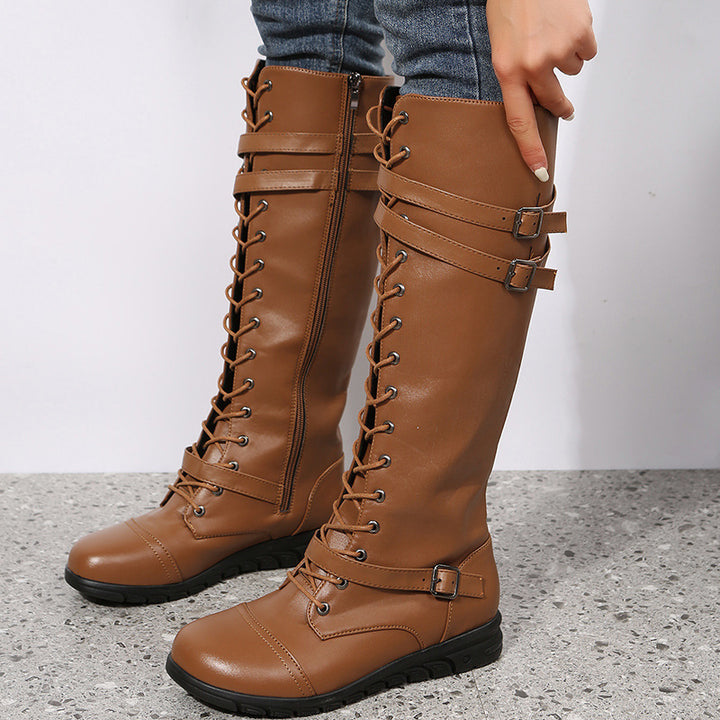 Women's knee-high military-inspired lace-up boots with side zipper, adjustable decorative straps, and shock-absorbing profile sole Mune Fashion
