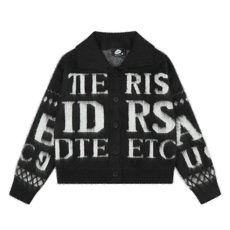 Women’s oversized mohair cardigan with button placket, large lapel collar, and typographic all-over print Mune Fashion