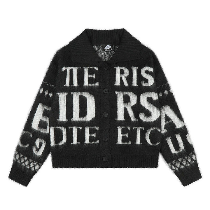Women’s oversized mohair cardigan with button placket, large lapel collar, and typographic all-over print Mune Fashion