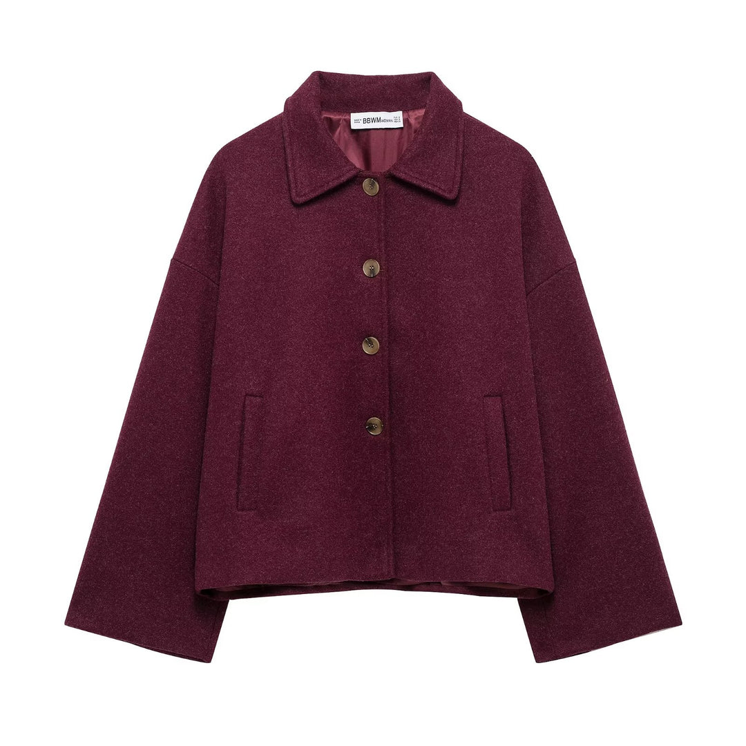 Women's short casual wool jacket with shirt collar, full button placket, and inset side pockets Mune Fashion