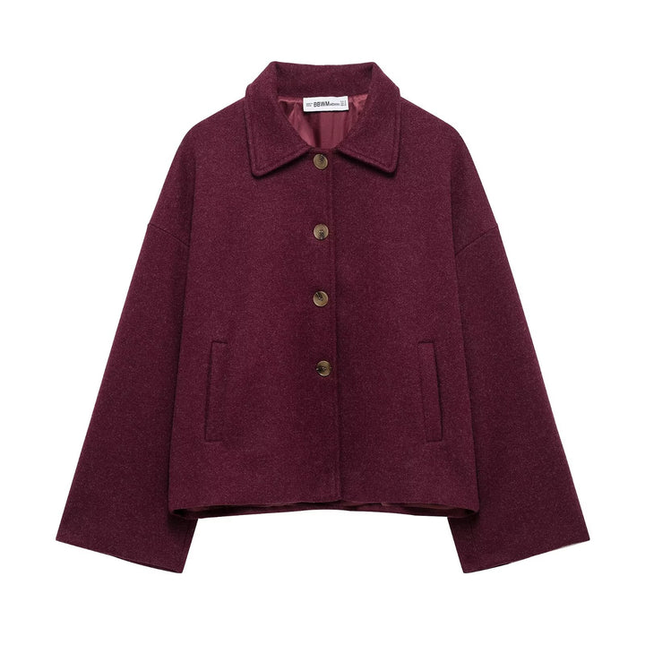 Women's short casual wool jacket with shirt collar, full button placket, and inset side pockets Mune Fashion