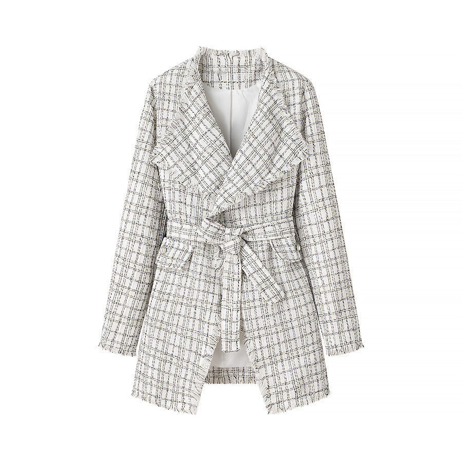 Women's Tailored Boucle Short Coat with Shawl Collar and Tie Belt Mune Fashion
