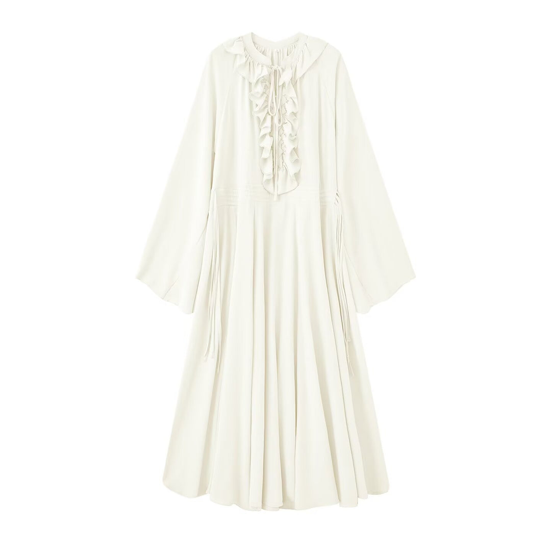 Women's maxi dress with ruffles, tie collars and wide bell sleeves Mune Fashion