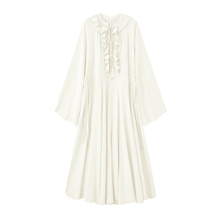 Women's maxi dress with ruffles, tie collars and wide bell sleeves Mune Fashion