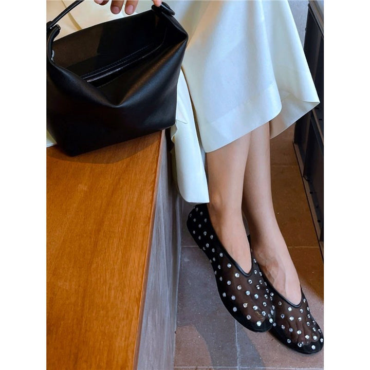 Women's Transparent Mesh Ballerinas with Rhinestone Detail and Padded Insole Mune Fashion
