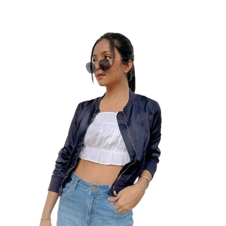 Women's Short Satin Bomber Jacket with Zipper, Ribbed Cuffs and Pockets Drune