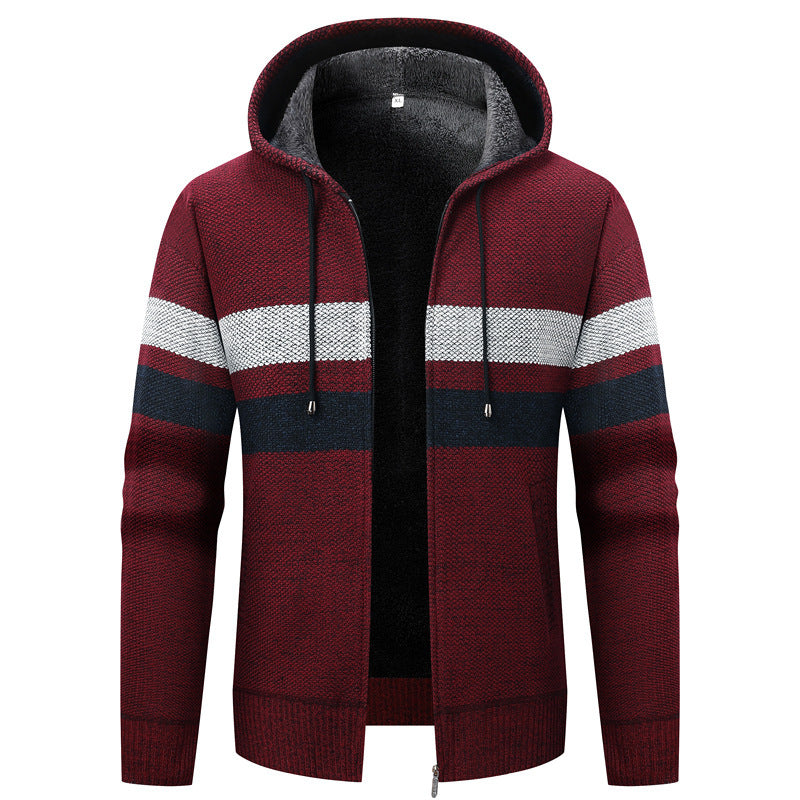 Men's knit zip hoodie with teddy lining, full-length zipper and block stripes Mune Fashion