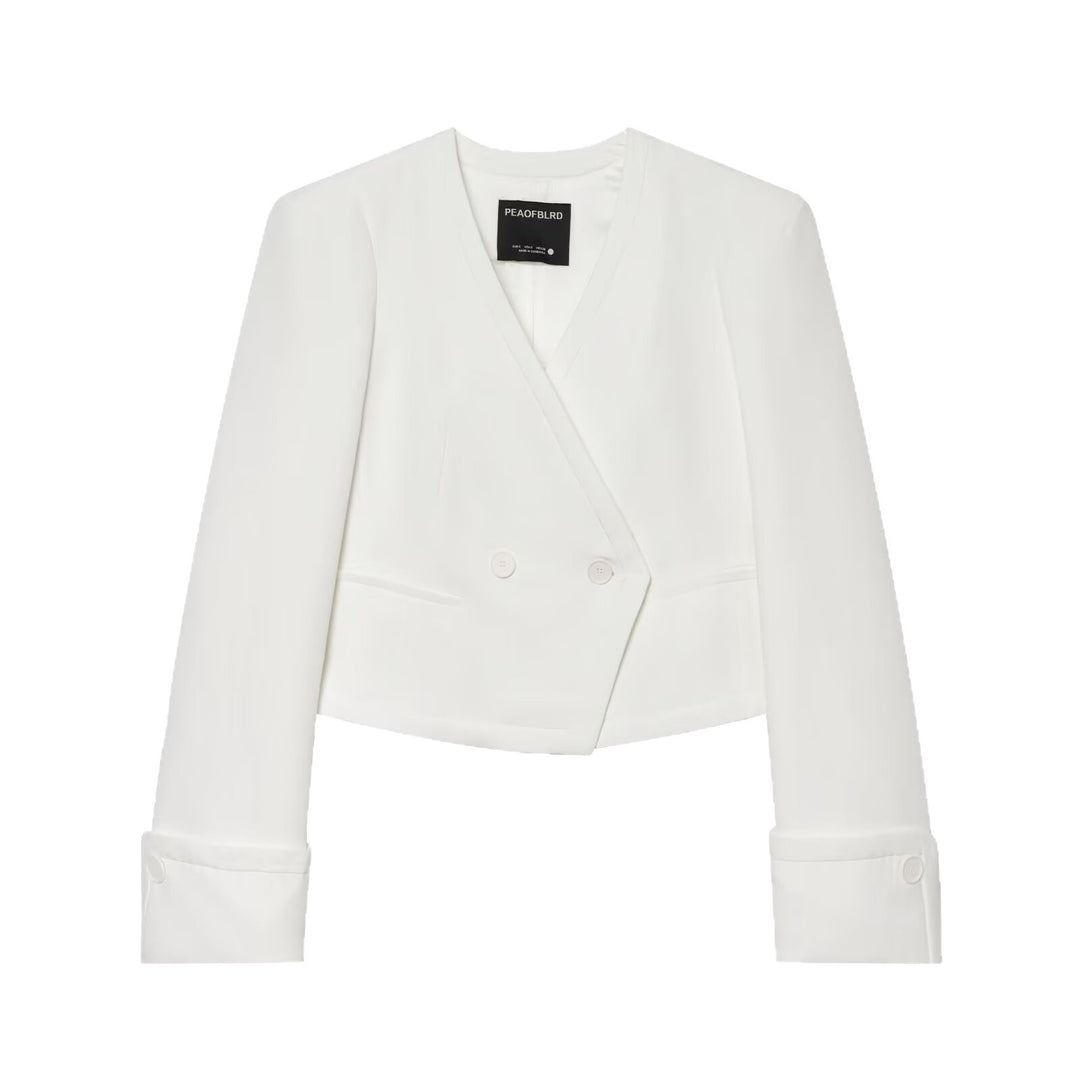 Women's Cropped Double-Breasted Blazer with Deep V-Neck and Cuffs Mune Fashion