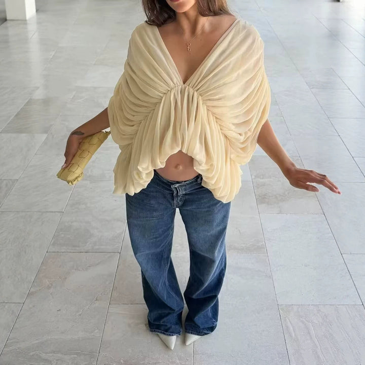Women's Draped Chiffon Top with V-Neck and Voluminous Batwing Sleeves Mune Fashion