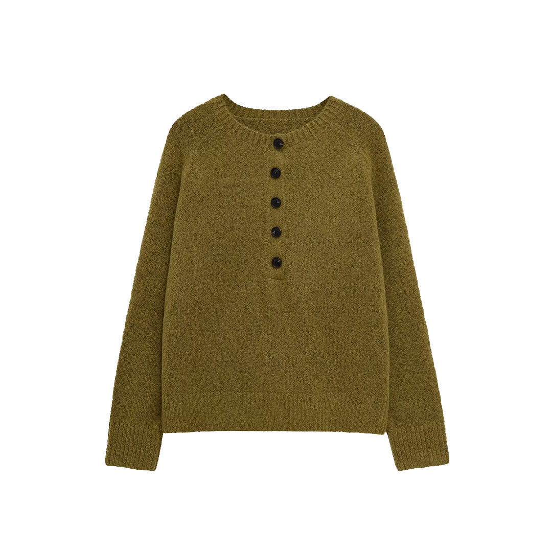 Women's Boucle Pullover with Henley Button Placket and Raglan Sleeves Mune Fashion