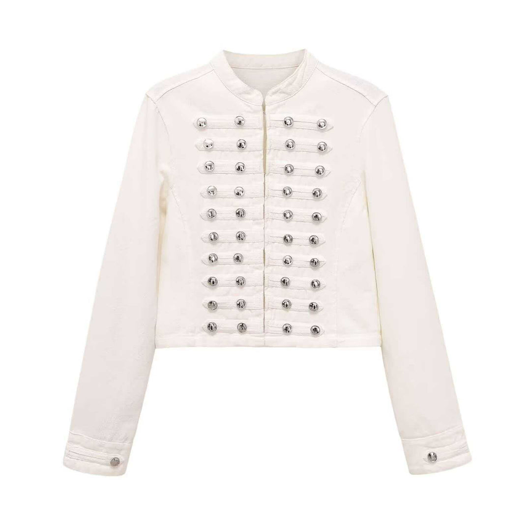 Women’s denim jacket in military style with row buttons and stand-up collar Mune Fashion