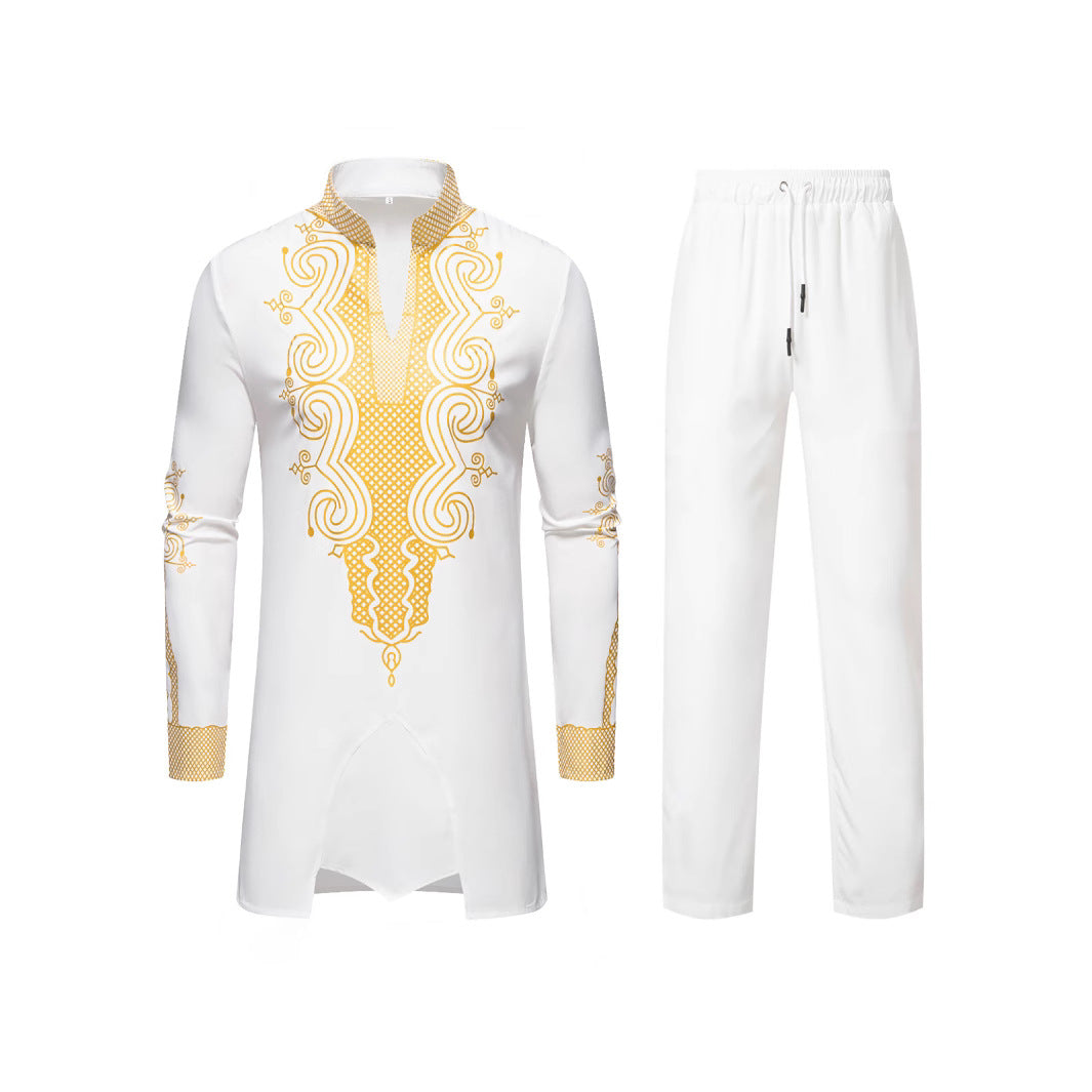 Men's Traditional Embroidered Tunic Set with Mandarin Collar and Elastic Pants Mune Fashion