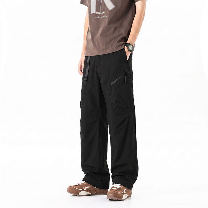 Men's Wide Ripstop Cargo Pants with Integrated Web Belt, Zipper Pockets, and Drawcord Finish Drune