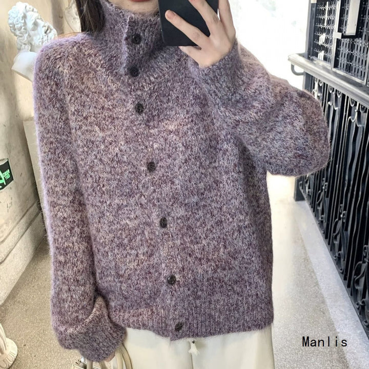 Women's chunky knit cardigan in oversized look with high ribbed collar and button placket Mune Fashion
